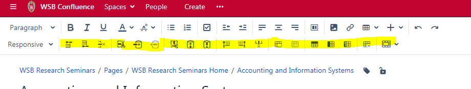 The editing tool bar's table options